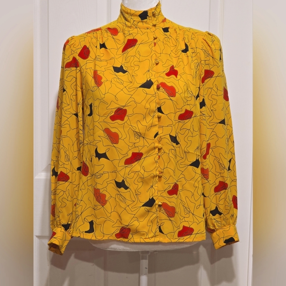 Ceo Abstract Marigold Yellow Burnt Orange Black High Neck Button Vintage Blouse